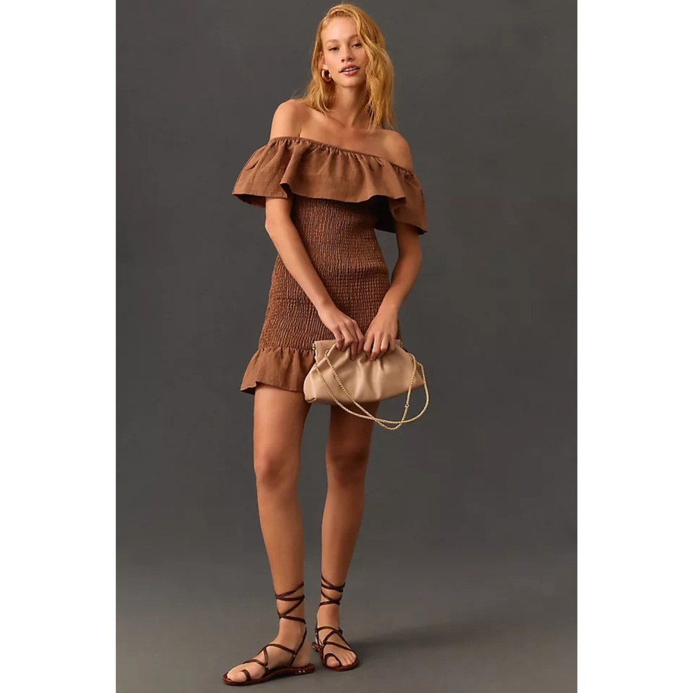 Anthropologie Off Shoulder Smocked Mini Dress XL Brown Ruffle NWT Boho